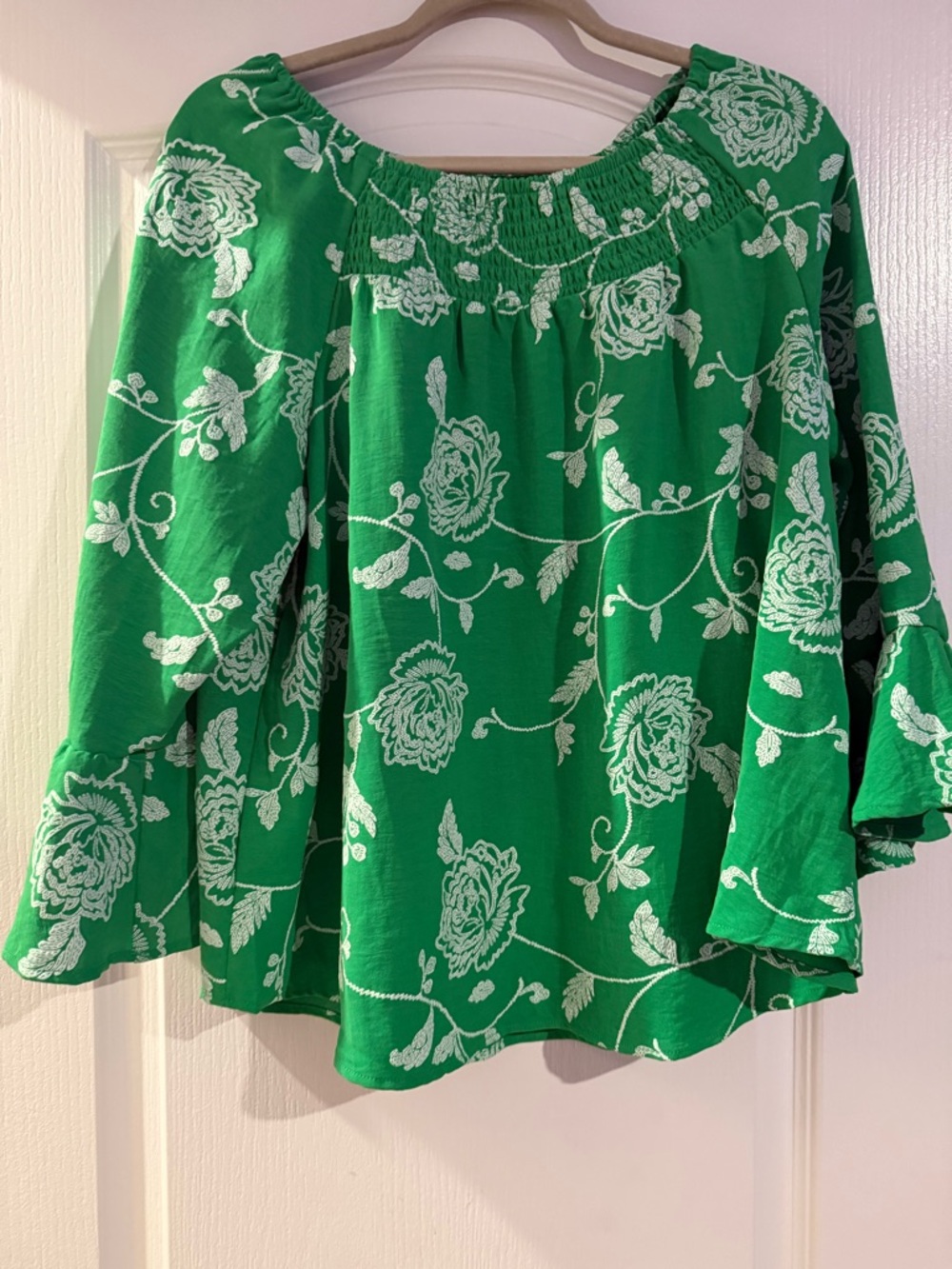 Ava & Grace Green White Floral Blouse PXL Smocked Square Neck Flutter Sleeve